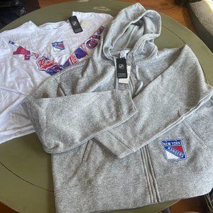 2XL cropped NY Rangers long sleeve t-shirt and hooded sweatshirt.